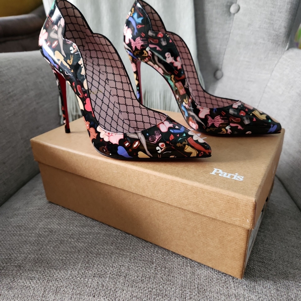 NEW Christian Louboutin Multicolor Patterned Heels Hot Chick -  Black Multicolor